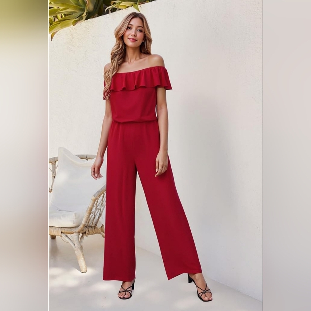 NWT! Hybrid & CO Womens Small Red ruffled shoulder wide leg jumper romper